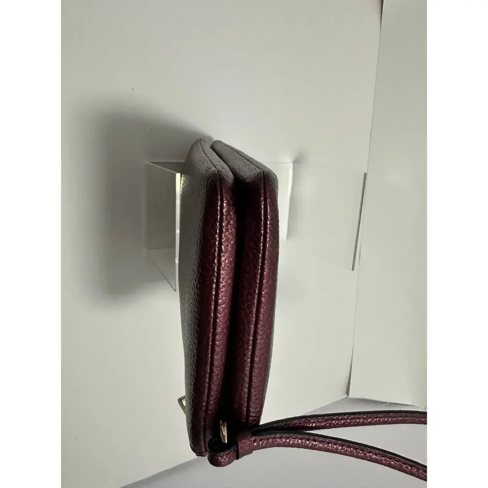 Coach F87587 Double Zip Wristlet Metallic Wine Burgundy Pebbled Leather Gold